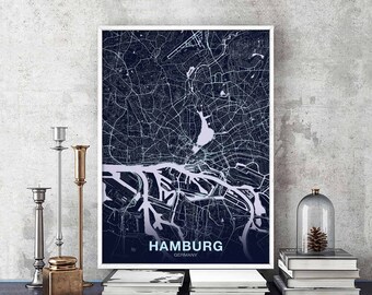 HAMBURG Germany map poster color Hometown City Print Modern Home Decor Office Decoration Wall Art Dorm Bedroom Gift