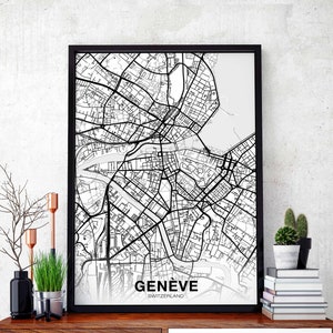 GENEVE suisse carte affiche noir blanc ville natale ville impression moderne décor à la maison bureau décoration mur art dortoir chambre cadeau