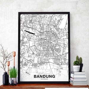 BANDUNG Indonésie carte affiche noir blanc ville natale ville impression moderne décor à la maison bureau décoration mur art dortoir chambre cadeau