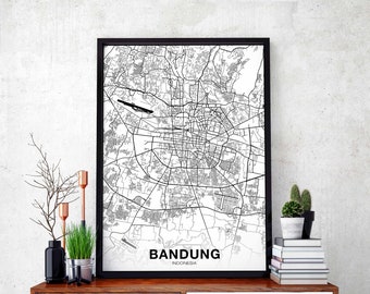 BANDUNG Indonesia map poster black white Hometown City Print Modern Home Decor Office Decoration Wall Art Dorm Bedroom Gift