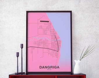 DANGRIGA Belize map poster color Hometown City Print Modern Home Decor Office Decoration Wall Art Dorm Bedroom Gift