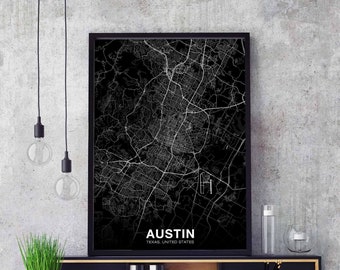AUSTIN Texas TX US map poster black white Hometown City Print Modern Home Decor Office Decoration Wall Art Dorm Bedroom Gift