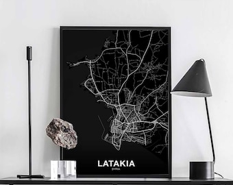 LATAKIA Syria map poster black white Hometown City Print Modern Home Decor Office Decoration Wall Art Dorm Bedroom Gift