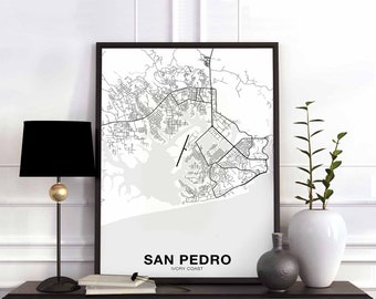 SAN PEDRO Ivory Coast map poster black white Hometown City Print Modern Home Decor Office Decoration Wall Art Dorm Bedroom Gift