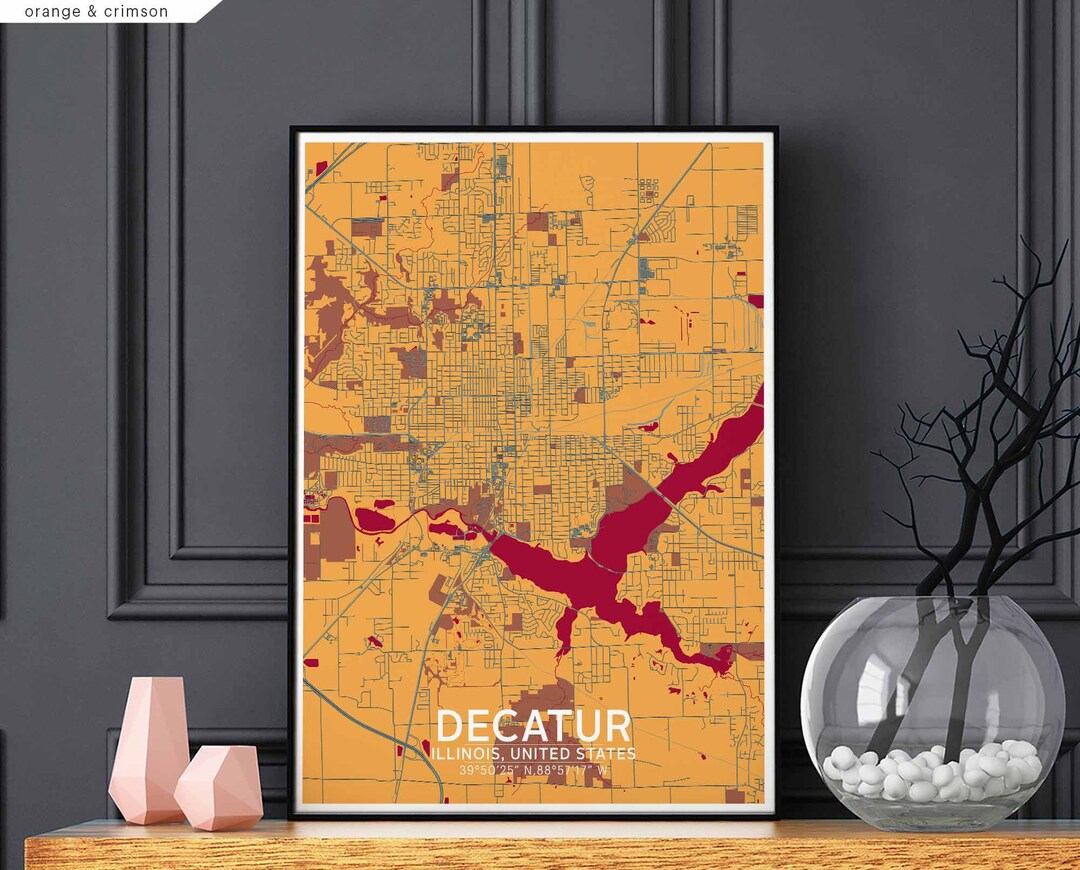 DECATUR Illinois USA Map Poster Black White Hometown City Print Modern ...