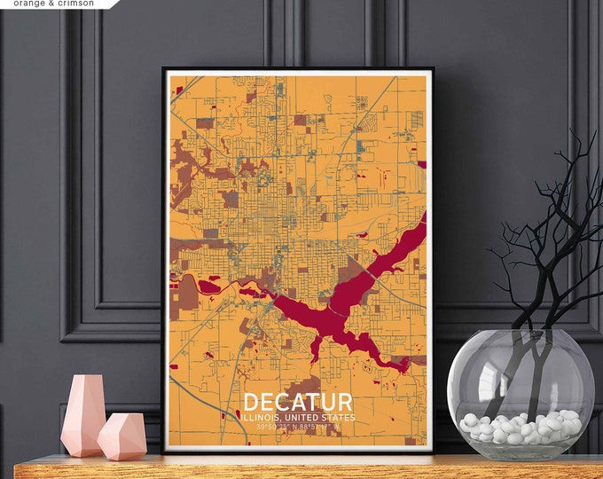 Featured listing image: DECATUR Illinois USA map poster black white Hometown City Print Modern Home Decor Office Decoration Wall Art Dorm Bedroom Gift