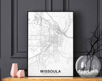 MISSOULA Montana MT USA map poster black white Hometown City Print Modern Home Decor Office Decoration Wall Art Dorm Bedroom Gift