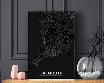 FALMOUTH Massachusetts MA USA map poster black white Hometown City Print Modern Home Decor Office Decoration Wall Art Dorm Bedroom Gift