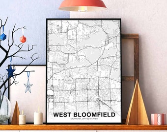 WEST BLOOMFIELD Michigan MI us map poster black white Hometown City Print Modern Home Decor Office Decoration Wall Art Dorm Bedroom Gift
