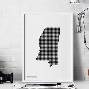 MISSISSIPPI EUA estado pontos mínimos retro mapa pôster preto branco decoração de parede design moderno suíço escandinavo nórdico inauguração de casa viagem