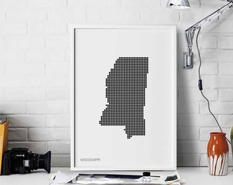 MISSISSIPPI US state minimal dots retro map poster black white wall decor design modern swiss scandinavian nordic housewarming travel