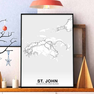 ST. JOHN, Ilhas Virgens Americanas, pôster de mapa, preto e branco, impressão de cidade natal, decoração moderna para casa, decoração de escritório, arte de parede, dormitório, quarto, presente