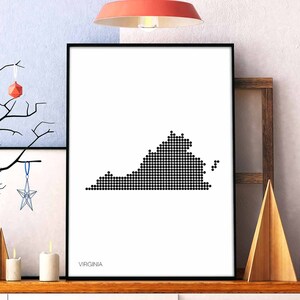 VIRGÍNIA EUA estado pontos mínimos retro mapa pôster preto branco decoração de parede design moderno suíço escandinavo nórdico inauguração de casa viagem
