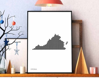 VIRGINIA US state minimal dots retro map poster black white wall decor design modern swiss scandinavian nordic housewarming travel