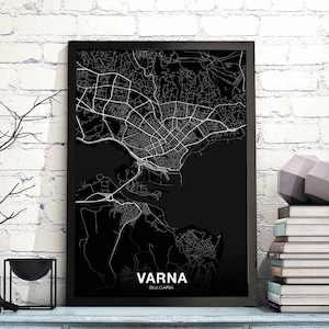VARNA, Bulgarie, carte, affiche, noir blanc, ville natale, ville, impression, moderne, décoration intérieure, bureau, décoration, mur, art, dortoir, chambre, cadeau