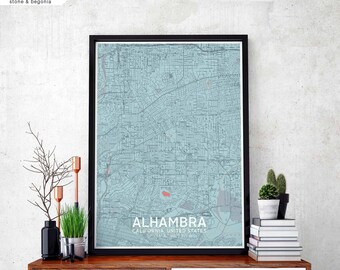 ALHAMBRA California USA map poster black white Hometown City Print Modern Home Decor Office Decoration Wall Art Dorm Bedroom Gift