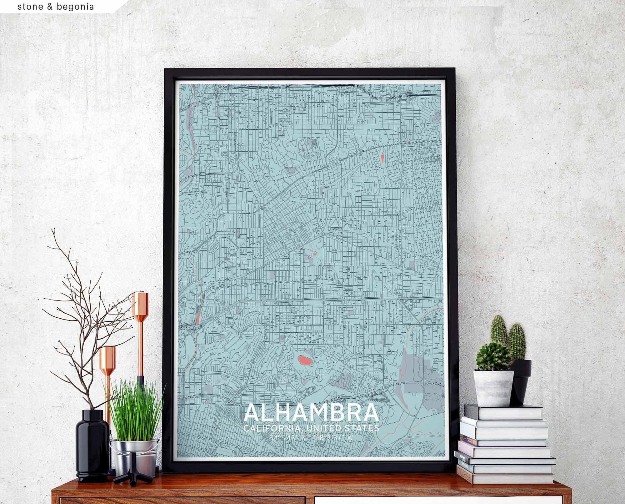 ALHAMBRA California USA map poster black white Hometown City Print ...