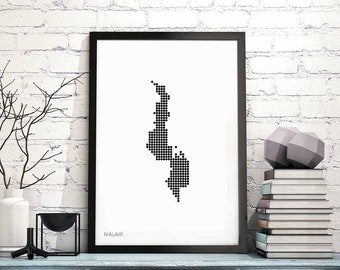MALAWI minimal dots retro map poster black white wall decor design modern swiss scandinavian nordic housewarming travel
