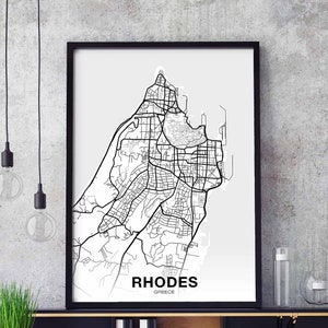 Póster con mapa de Grecia de Rodas, blanco y negro, impresión de ciudad natal, decoración moderna para el hogar, decoración de oficina, arte de pared, dormitorio, regalo
