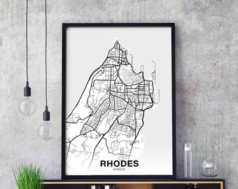 RHODES Greece map poster black white Hometown City Print Modern Home Decor Office Decoration Wall Art Dorm Bedroom Gift