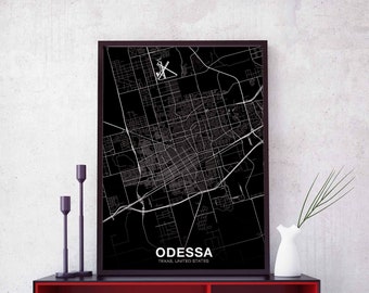 ODESSA Texas TX USA map poster black white Hometown City Print Modern Home Decor Office Decoration Wall Art Dorm Bedroom Gift