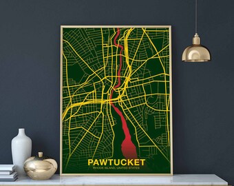 PAWTUCKET Rhode Island RI USA map poster color Hometown City Print Modern Home Decor Office Decoration Wall Art Dorm Bedroom Gift