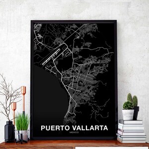 PUERTO VALLARTA mexique carte affiche noir blanc ville natale ville impression moderne décor à la maison bureau décoration mur art dortoir chambre cadeau