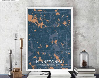 MINNETONKA Minnesota USA map poster black white Hometown City Print Modern Home Decor Office Decoration Wall Art Dorm Bedroom Gift