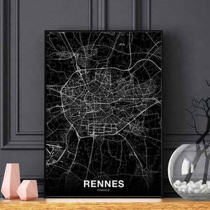 RENNES France carte affiche noir blanc ville natale ville impression moderne décor à la maison bureau décoration mur art dortoir chambre cadeau