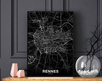 RENNES  France map poster black white Hometown City Print Modern Home Decor Office Decoration Wall Art Dorm Bedroom Gift