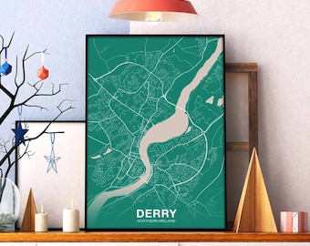 DERRY LONDONDERRY Northern Ireland map poster color Hometown City Print Modern Home Decor Office Decoration Wall Art Dorm Bedroom Gift
