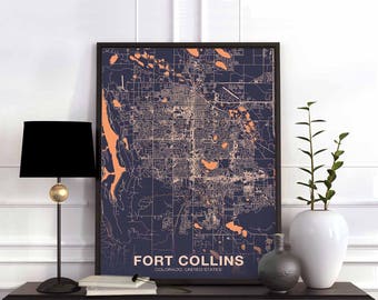 FORT COLLINS Colorado CO us map poster color Hometown City Print Modern Home Decor Office Decoration Wall Art Dorm Bedroom Gift