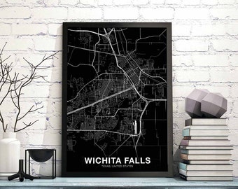 WICHITA FALLS Texas TX usa map poster black white Hometown City Print Modern Home Decor Office Decoration Wall Art Dorm Bedroom Gift