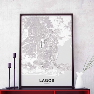 LAGOS nigeria carte affiche noir blanc ville natale ville impression moderne décor à la maison bureau décoration mur art dortoir chambre cadeau