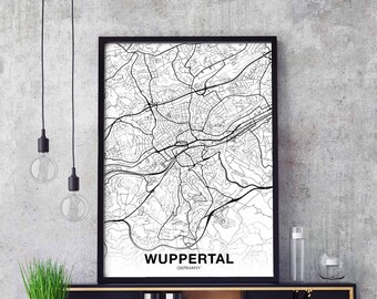 WUPPERTAL Germany map poster black white Hometown City Print Modern Home Decor Office Decoration Wall Art Dorm Bedroom Gift