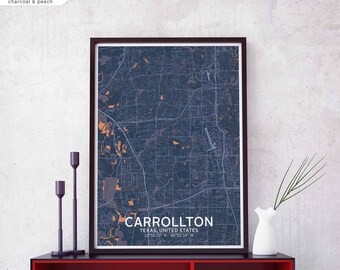 CARROLLTON Texas USA map poster black white Hometown City Print Modern Home Decor Office Decoration Wall Art Dorm Bedroom Gift
