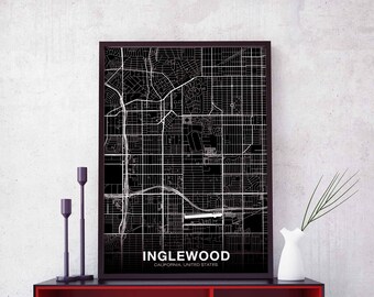 INGLEWOOD California CA USA map poster black white Hometown City Print Modern Home Decor Office Decoration Wall Art Dorm Bedroom Gift