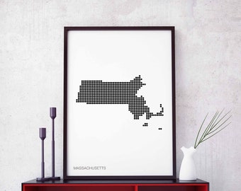 MASSACHUSETTS US state minimal dots retro map poster black white wall decor design modern swiss scandinavian nordic housewarming travel