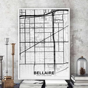 BELLAIRE Texas TX USA carte affiche noir blanc ville natale ville impression moderne décor à la maison bureau décoration mur art dortoir chambre cadeau
