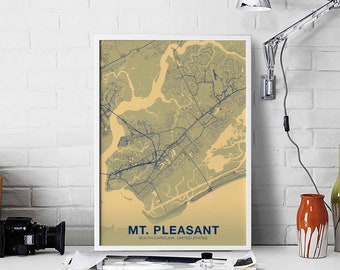 MT PLEASANT SC usa map poster color Hometown City Print Modern Home Decor Office Decoration Wall Art Dorm Bedroom Gift