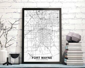 FORT WAYNE Indiana IN usa map poster black white Hometown City Print Modern Home Decor Office Decoration Wall Art Dorm Bedroom Gift
