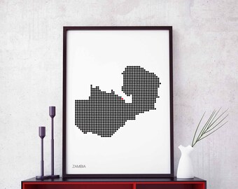 ZAMBIA minimal dots retro map poster black white wall decor design modern swiss scandinavian nordic housewarming travel
