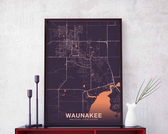 WAUNAKEE Wisconsin WI USA map poster color Hometown City Print Modern Home Decor Office Decoration Wall Art Dorm Bedroom Gift