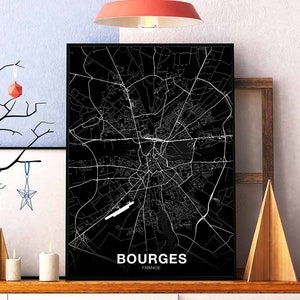 BOURGES France carte affiche noir blanc ville natale ville impression moderne décor à la maison bureau décoration mur art dortoir chambre cadeau