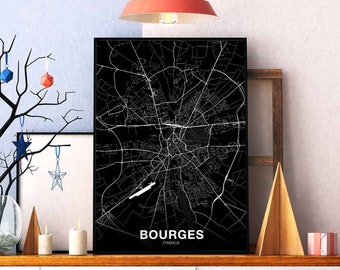 BOURGES  France map poster black white Hometown City Print Modern Home Decor Office Decoration Wall Art Dorm Bedroom Gift