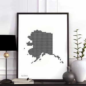 ALASKA EUA estado pontos mínimos retro mapa pôster preto branco decoração de parede design moderno suíço escandinavo nórdico inauguração de casa viagem