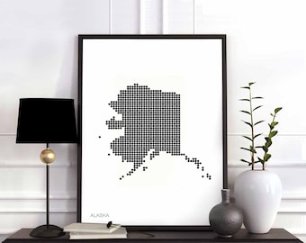 ALASKA US state minimal dots retro map poster black white wall decor design modern swiss scandinavian nordic housewarming travel