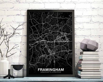 FRAMINGHAM Massachusetts MA USA map poster black white Hometown City Print Modern Home Decor Office Decoration Wall Art Dorm Bedroom Gift