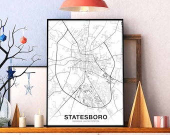 STATESBORO Georgia GA usa map poster black white Hometown City Print Modern Home Decor Office Decoration Wall Art Dorm Bedroom Gift