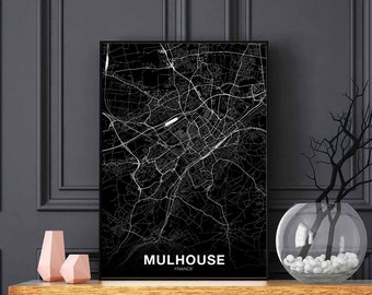 MULHOUSE  France map poster black white Hometown City Print Modern Home Decor Office Decoration Wall Art Dorm Bedroom Gift